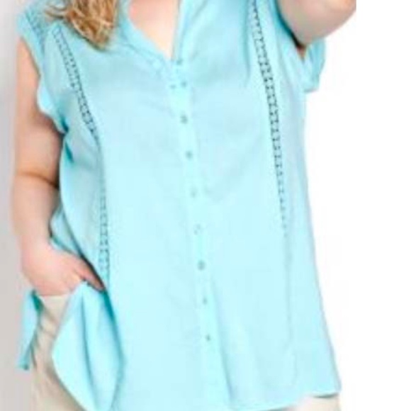 NEW PHOTOS! LINEN BLEND BLOUSE, BLUE RADIANCE, SIZE 24, GEOMETRIC LACE ON SHOULD - Picture 1 of 13